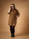 Women Brown Corduroy Front Button Dress-SFDRSS12494