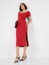 Women Red Rib V-Neck Midi Dress-SFDRSS12497