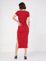 Women Red Rib V-Neck Midi Dress-SFDRSS12497