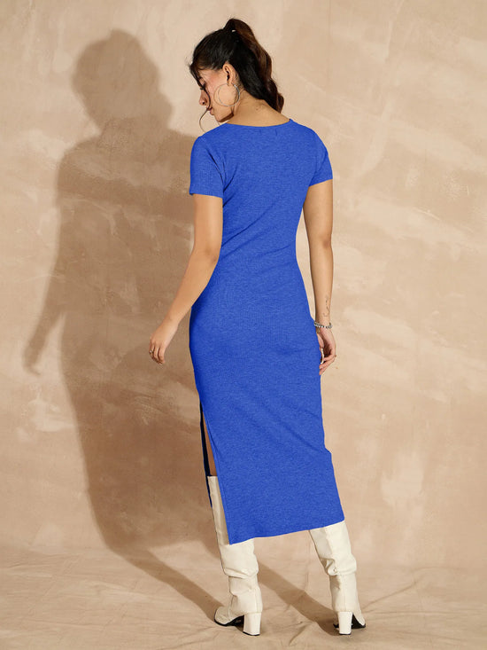 Women Royal Blue Rib V-Neck Midi Dress-SFDRSS12498