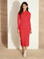 Women Red Rib High Neck Front Zipper Dress-SFDRSS12501