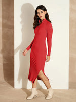 Women Red Rib High Neck Front Zipper Dress-SFDRSS12501