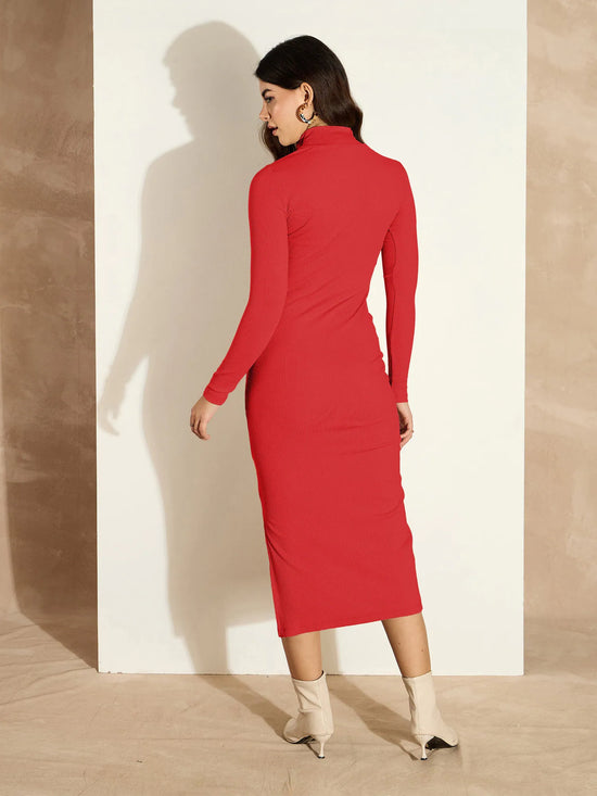 Women Red Rib High Neck Front Zipper Dress-SFDRSS12501