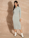 Women Grey Melange Rib High Neck Front Zipper Dress-SFDRSS12503