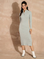 Women Grey Melange Rib High Neck Front Zipper Dress-SFDRSS12503