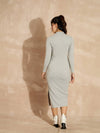 Women Grey Melange Rib High Neck Front Zipper Dress-SFDRSS12503