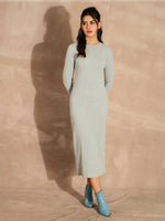 Women Grey Melange Rib Bodycon Full Sleeves Midi Dress-SFDRSS12508