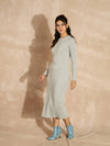 Women Grey Melange Rib Bodycon Full Sleeves Midi Dress-SFDRSS12508