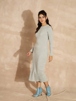 Women Grey Melange Rib Bodycon Full Sleeves Midi Dress-SFDRSS12508