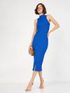 Women Royal Blue Rib Turtle Neck Sleeveless Midi Dress-SFDRSS12511