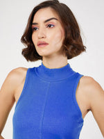 Women Royal Blue Rib Turtle Neck Sleeveless Midi Dress-SFDRSS12511