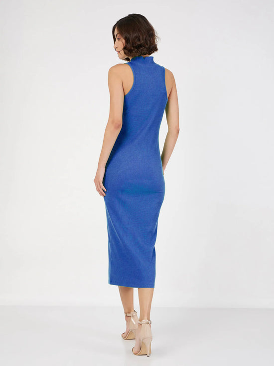 Women Royal Blue Rib Turtle Neck Sleeveless Midi Dress-SFDRSS12511