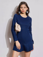 Women Navy Blue Denim Flared Hem Short Dress-SFDRSS12516