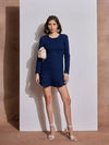 Women Navy Blue Denim Flared Hem Short Dress-SFDRSS12516