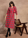 Women Red Check Wrap Tie-Up Midi Dress-SFDRSS12518