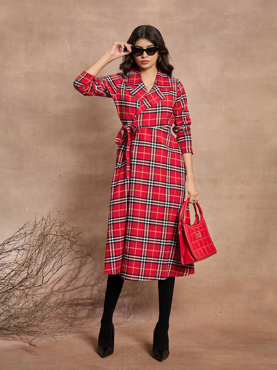 Women Red Check Wrap Tie-Up Midi Dress-SFDRSS12518