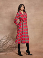 Women Red Check Wrap Tie-Up Midi Dress-SFDRSS12518