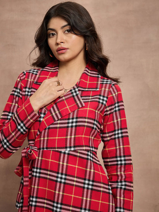 Women Red Check Wrap Tie-Up Midi Dress-SFDRSS12518