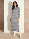 Women White Chevron Stripe Round Neck Maxi Dress-SFDRSS12527