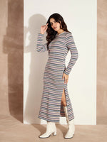 Women White Chevron Stripe Round Neck Maxi Dress-SFDRSS12527