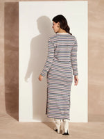 Women White Chevron Stripe Round Neck Maxi Dress-SFDRSS12527