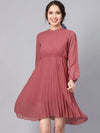 Rose Pink Mandrain Collar Pleated Skater Dress