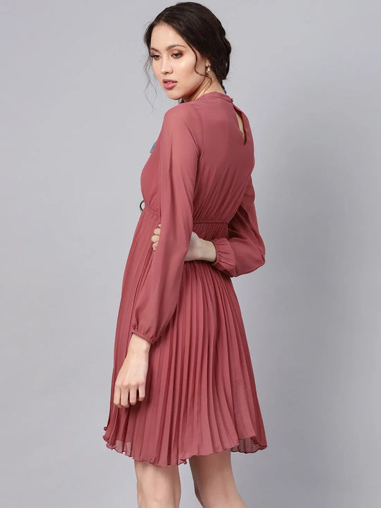 Rose Pink Mandrain Collar Pleated Skater Dress