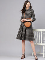 Black Ikat Front Open Belted Dress