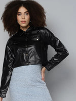 Women Solid Black Collared Neck Full Sleeve Jacket