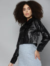 Women Solid Black Collared Neck Full Sleeve Jacket