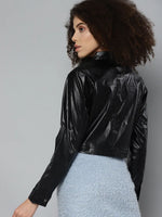 Women Solid Black Collared Neck Full Sleeve Jacket