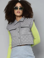 Women Solid Grey Collared Neck Sleeveless Jacket