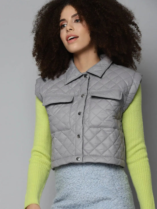 Women Solid Grey Collared Neck Sleeveless Jacket