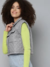 Women Solid Grey Collared Neck Sleeveless Jacket