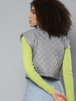 Women Solid Grey Collared Neck Sleeveless Jacket