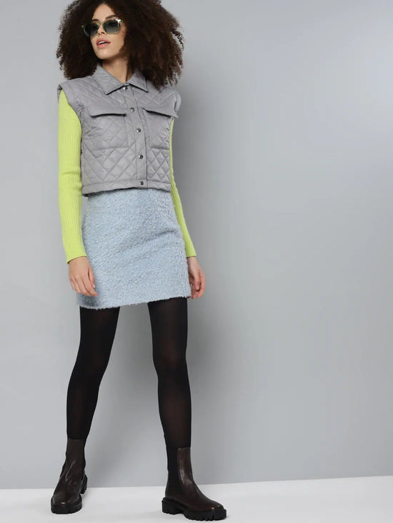 Women Solid Grey Collared Neck Sleeveless Jacket