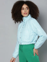 Women Solid Blue Full Sleeve Jacket