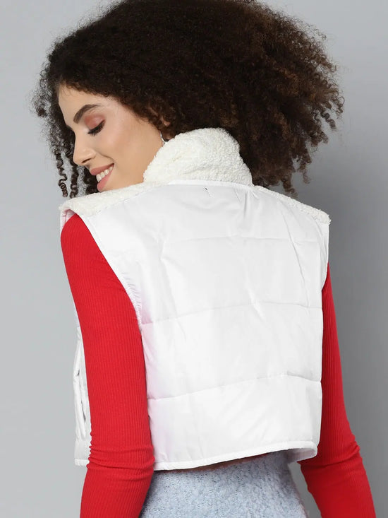 Women Solid White Sleeveless Jacket