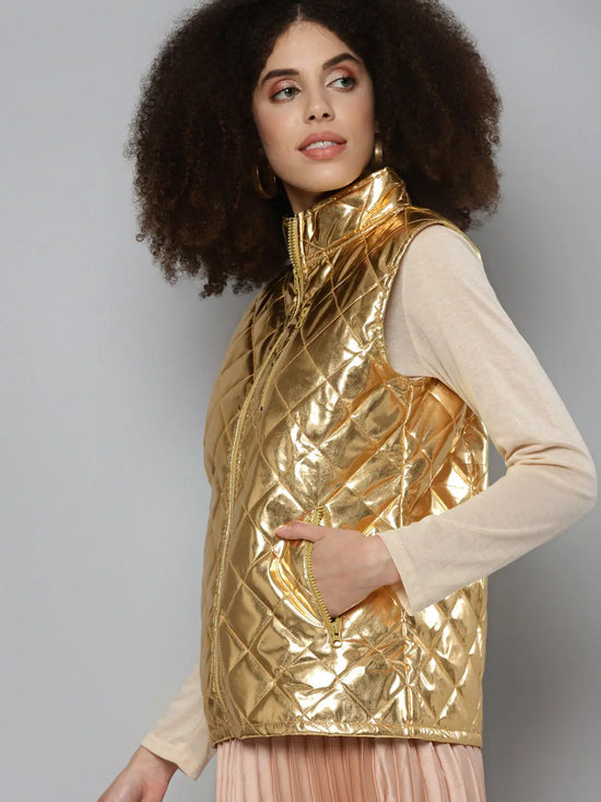 Women Solid Gold Sleeveless Jacket