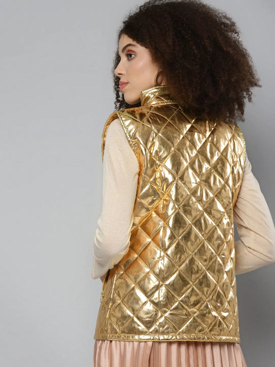 Women Solid Gold Sleeveless Jacket