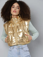 Women Solid Gold Sleeveless Jacket