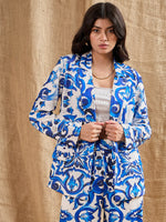 Women Blue Floral Printed Shawl Collar Blazer-SFJCKT6919