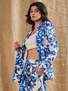 Women Blue Floral Printed Shawl Collar Blazer-SFJCKT6919