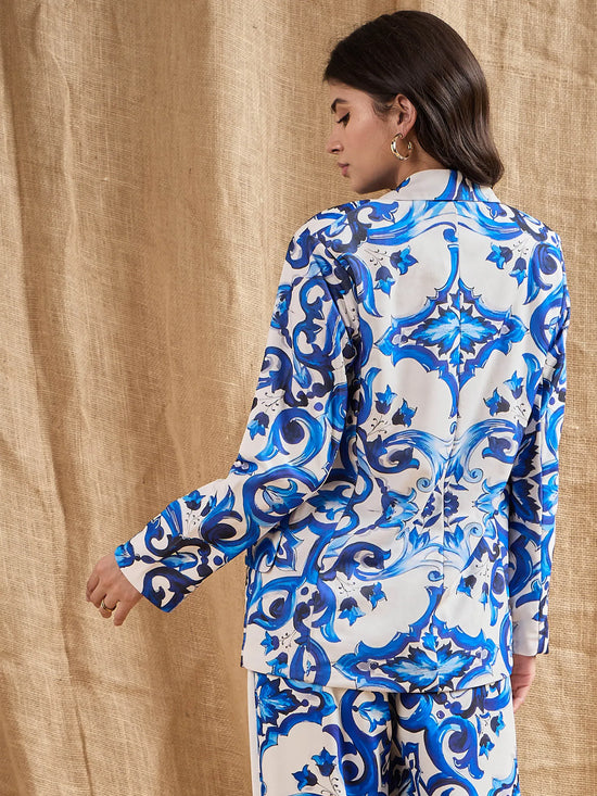 Women Blue Floral Printed Shawl Collar Blazer-SFJCKT6919