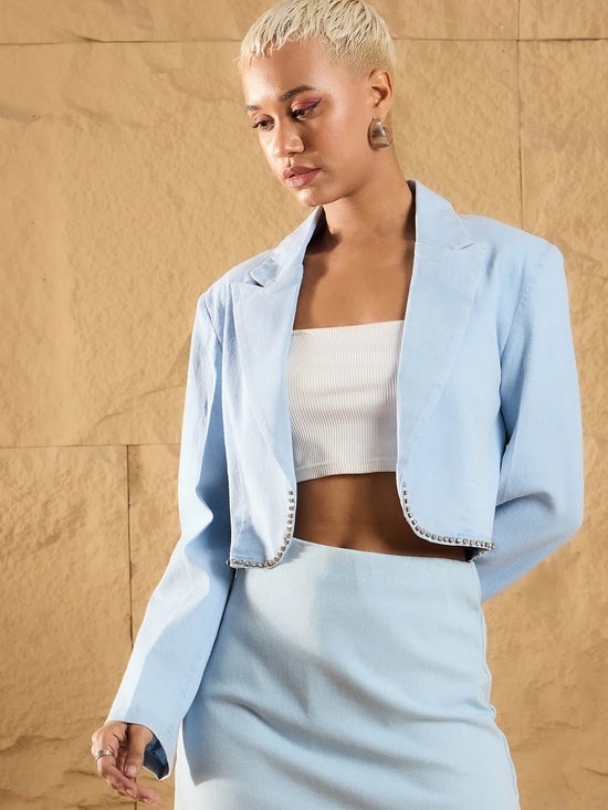 Women Ice Blue Notch Collar Crop Blazer-SFJCKT6920