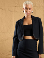 Women Black Denim Notch Collar Crop Blazer-SFJCKT6921