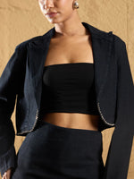 Women Black Denim Notch Collar Crop Blazer-SFJCKT6921