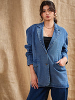 Women Blue Denim Washed Oversized Notch Collar Blazer-SFJCKT6922