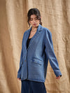 Women Blue Denim Washed Oversized Notch Collar Blazer-SFJCKT6922