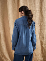 Women Blue Denim Washed Oversized Notch Collar Blazer-SFJCKT6922